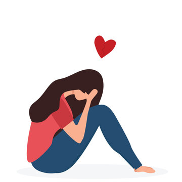 Broken heart concept vector illustration on white background. Sad woman crying with red broken heart pieces.