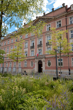 Wroclaw, Poland - July 10, 2026: Wroclaw City Hall administrative building at Plac Nowy Targ overlooks the landscaped public square in central Wroclaw.