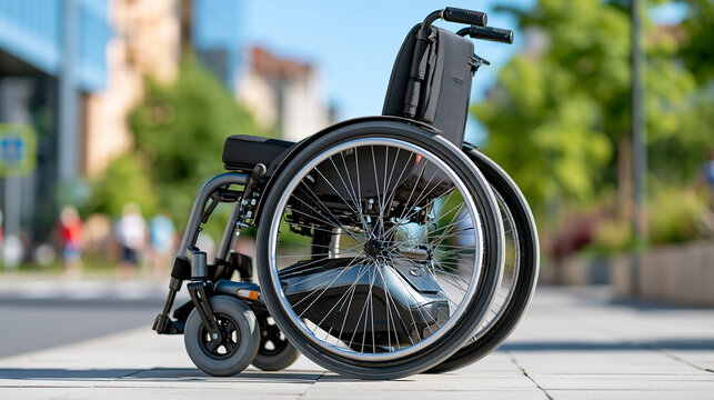 Electric wheelchair parked on a clean urban sidewalk, accessible transportation, disability mobility, independent living, assistive technology, inclusive city design, with copy