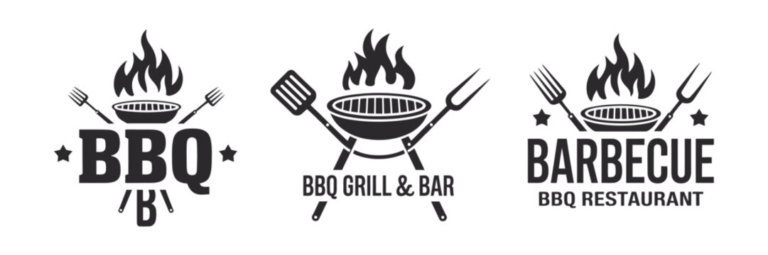 BBQ logo set featuring barbecue grill icons, fire flame, meat symbols, restaurant labels and food branding elements for cooking business identity, menu design and promotional graphics.