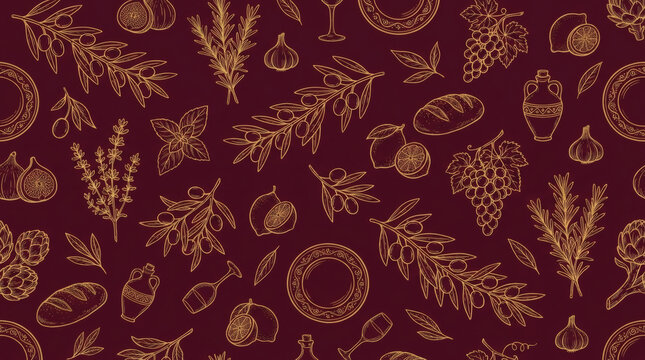 Seamless pattern of Mediterranean food line art with olive branch, grapes, wheat, bread, figs and amphora golden engraving vector illustration on burgundy background