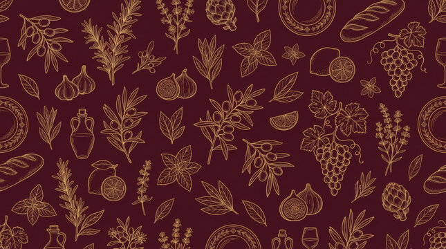 Seamless pattern of Mediterranean food line art with olive branch, grapes, wheat, bread, figs and amphora golden engraving vector illustration on burgundy background