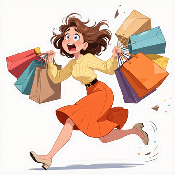 Horrified young woman carrying giant shopping bags with a wide, panicked grin and wild hair on a light white background.