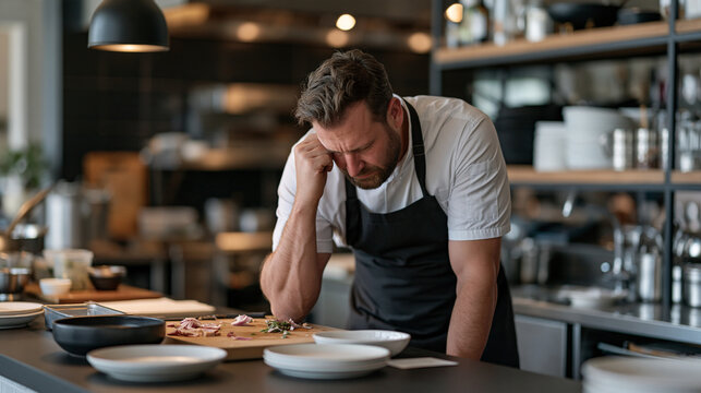 Tall bearded man in his late thirties standing for long periods at a kitchen prep station, shifting weight between legs with visible fatigue on his face, restaurant kitchen