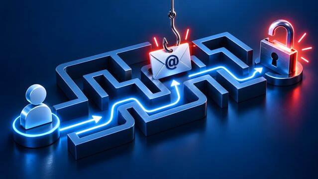 3D cybersecurity concept of phishing hook catching email in a maze leading to unlocked data