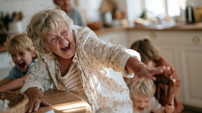 Energetic Hungarian grandmother chases laughing grandchildren around a round kitchen table pretending to be a monster, arms wide, one child ducking under a chair, joyful indoor