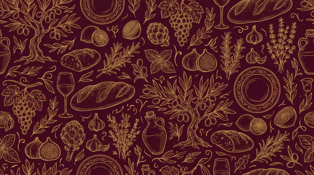 Seamless pattern of Mediterranean food line art with olive branch, grapes, wheat, bread, figs and amphora golden engraving vector illustration on burgundy background