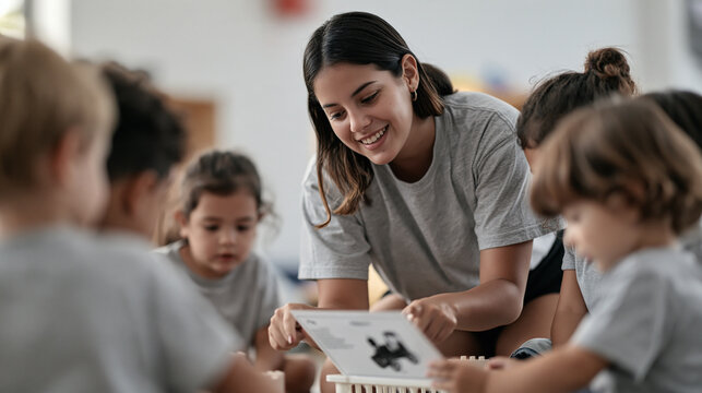 A teenage girl volunteering at an after school daycare program guides a group of four year olds through building a brick toy vehicle, kneeling at their level, pointing at an