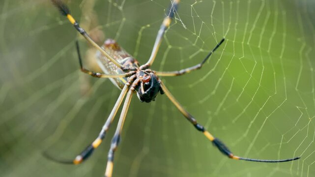 Extreme close up of a golden silk orb weaver spider hanging on its intricate web. Dangerous arachnid in its natural rainforest habitat