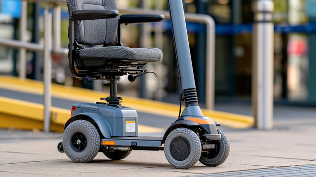 Electric mobility scooter parked near a public building entrance with an accessible ramp, disability access, urban mobility, independent transportation, inclusive infrastructure,