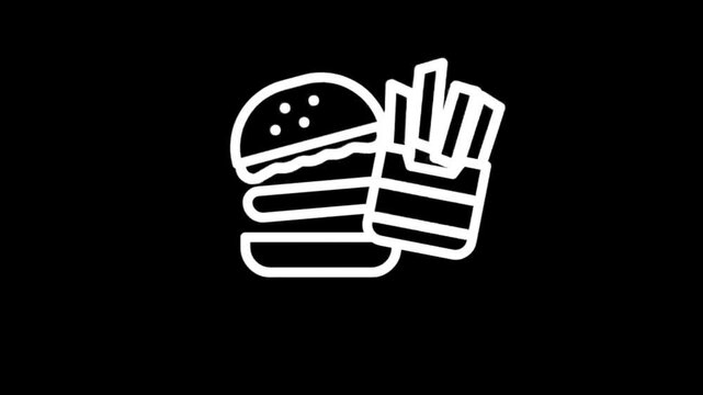 Animated icons of a burger and fries appearing on a black background