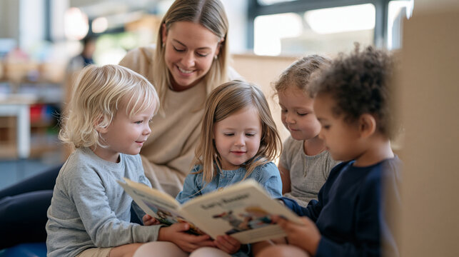 A kindergarten reading group with four students and a teaching assistant gathered on a low bench, each child holding an identical early reader booklet, guided reading group