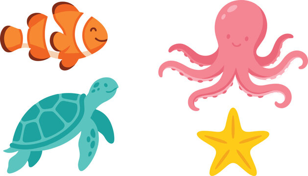 Cute ocean sea life cartoon vector icon set featuring orange clownfish smiling pink octopus turquoise sea turtle and yellow starfish