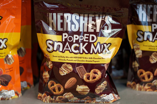 Hershey's popped snack mix packaging on store shelf
