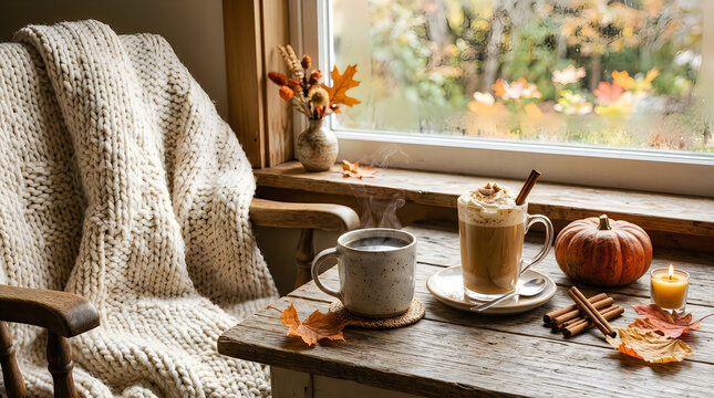 Cozy autumn drinks on wooden windowsill with pumpkin