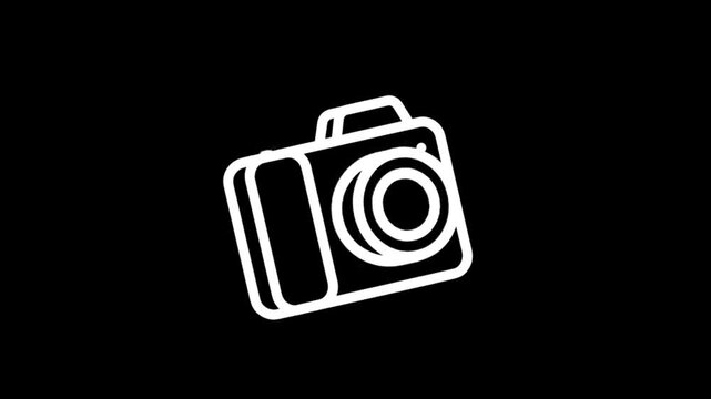 Simple white camera icons animate and flash on a black background