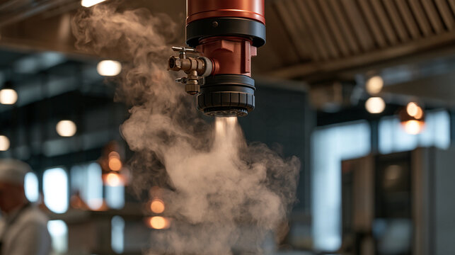 Close shot of restaurant kitchen automatic fire suppression nozzle deploying foam after heat alarm activation above commercial range, culinary fire suppression system in action,