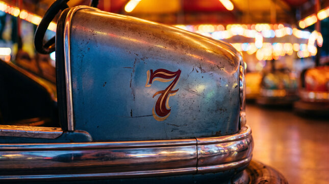 Bumper car with a number 7 painted on the side in a carnival setting  