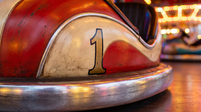 Bumper car with a number painted on the side in a colorful carnival  