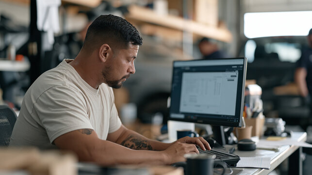 A blind employee uses screen reader software at a vehicle detailing business desk sweat visible on the brow after a long shift over the shoulder view of the accessibility