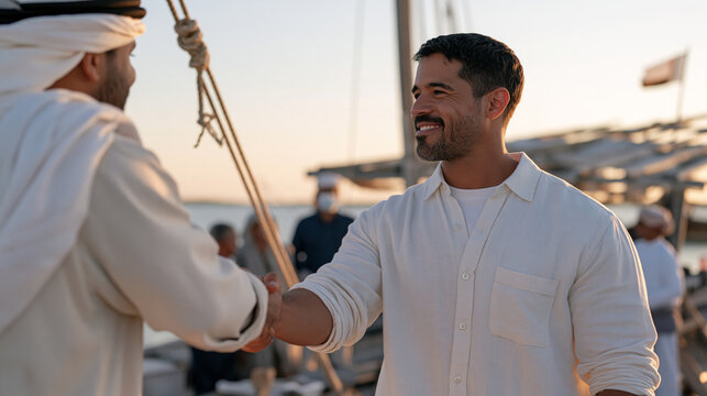 Pearl diver handing off to the next shift at golden hour on a dhow vessel, a small detail of a worn rope knot easy to miss in the background, a multigenerational family on the