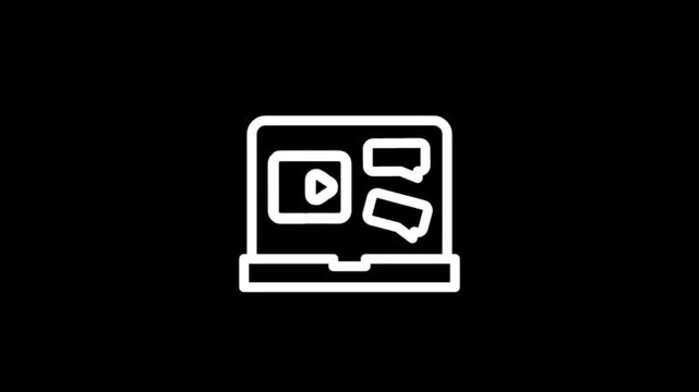 Minimalist animation of a laptop displaying video and chat bubbles