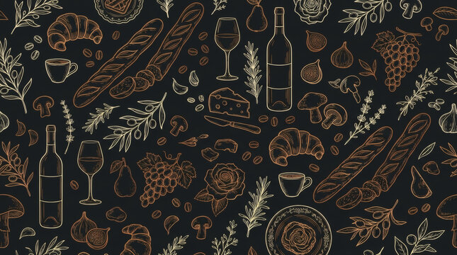 Seamless pattern of French food line art with baguette, croissant, wine, cheese, grapes and herbs hand drawn doodle vector illustration on dark background