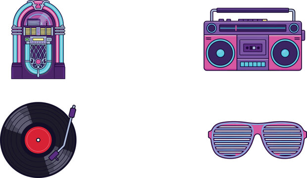 Retro retro music and eighties party vector icon set featuring neon jukebox boombox radio cassette player vinyl record turntable and shutter shades