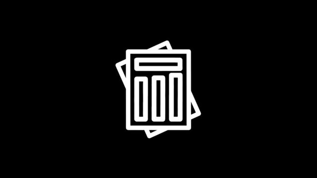 Animated calculator icon with paper sheets on black background