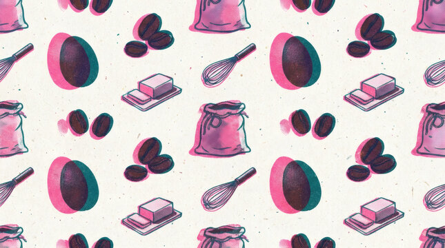 Seamless baking pattern with eggs, flour bag, butter, whisk and chocolate hand drawn sketch pastel vector illustration on cream background