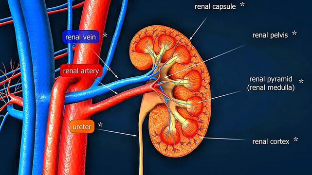 Kidney cross section showing cortex, medulla, pyramids, calyces, renal pelvis and blood vessels.