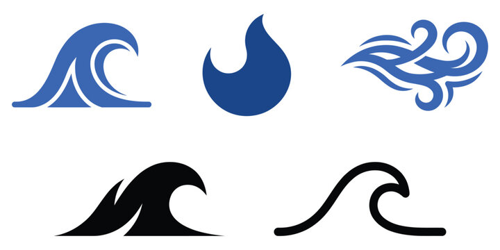 Collection of wave shapes and stylized water forms on a white background
