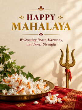 Happy Mahalaya devotional background with golden trishul trident and fresh green foliage