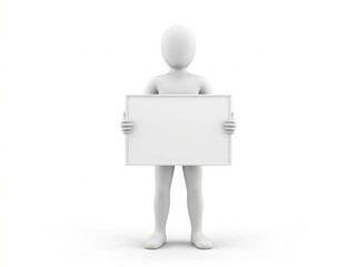 3d white character holding a blank sign isolated on white background