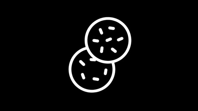 Simple white icons of cookies with sprinkles on a black background