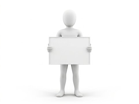 3d white character holding a blank sign isolated on white background