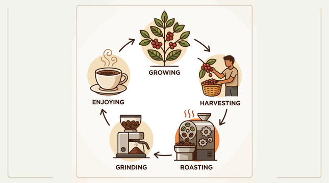 This flat design vector illustration outlines the complete journey of coffee, from its origins as a plant to the final delicious cup, perfect for International Coffee Day.