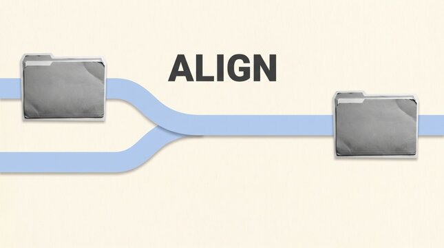 Conceptual illustration of two separate paths merging into one single line with folders, representing data alignment, synchronization, or workflow integration