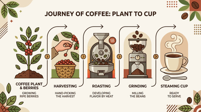 This flat design vector illustration outlines the complete journey of coffee, from its origins as a plant to the final delicious cup, perfect for International Coffee Day.
