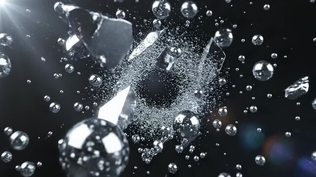 Abstract 3D rendering of reflective chrome spheres and metallic shards suspended in dark space with lens flares. Cinematic background with silver particles and shattered glass textures.