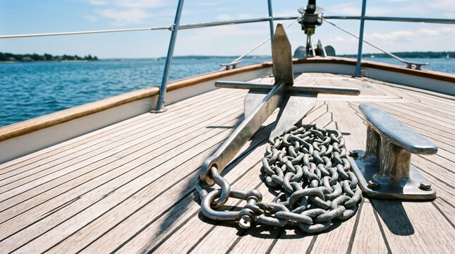 Silver anchor and chain resting on wooden deck of a sailboat with calm blue water and distant shoreline under a clear sky