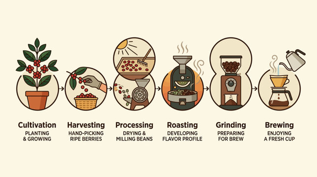 This flat design vector illustration outlines the complete journey of coffee, from its origins as a plant to the final delicious cup, perfect for International Coffee Day.