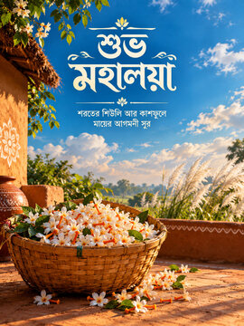 Shubho Mahalaya autumn festival greeting background with kash phool white grass and sunrise landscape