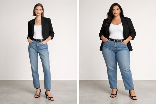 Models showcase different clothing styles for various body types in a studio setting