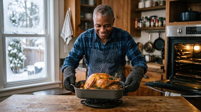 Smiling man in apron setting down a steaming roasted turkey on a kitchen trivet in a home kitchen. The man wears oven mitts while carefully placing the hot festive main dish onto a metal stand.