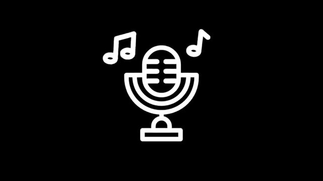 Retro microphone with musical notes icon animation on black background