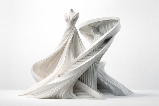 Sculpture of a dress intertwined with a staircase in a modern art display