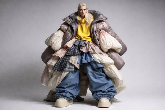 Fashion model showcases oversized clothing in a studio setting