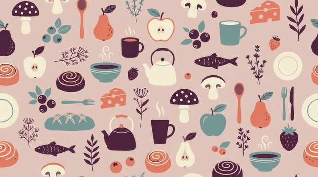 Seamless pattern with flat kitchen and food icons, teapots, fruits, berries, mushrooms and tableware on pink background