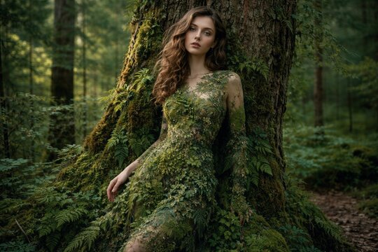 Woman dressed in green nature attire sitting against a large tree in a forest